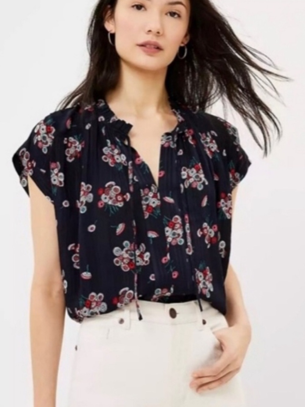 Loft‎ Navy Blue Floral Blouse Size Medium